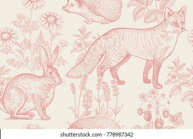 Forest animals and plants seamless pattern. Hare, hedgehog, fox, berries strawberry, flowers lavender and chamomile. Hand drawing. Pink and white. Vintage engraving. Vector illustration.