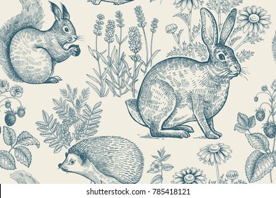 Forest animals and plants seamless pattern. Hare, hedgehog, squirrel, berries strawberry, flowers lavender and chamomile. Hand drawing. White and blue. Vintage engraving. Vector illustration.