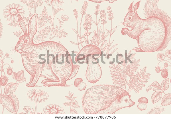 Forest animals and plants seamless pattern.\
Hare, hedgehog, squirrel, berries strawberry, flowers lavender,\
chamomile and mushrooms. Hand drawing. White and red. Vintage\
engraving. Vector\
illustration