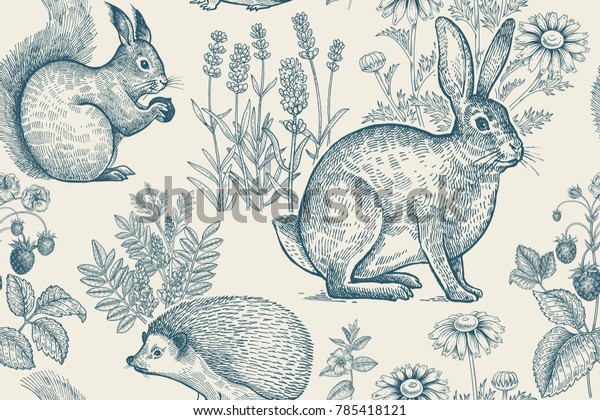 Forest animals and plants seamless pattern.\
Hare, hedgehog, squirrel, berries strawberry, flowers lavender and\
chamomile. Hand drawing. White and blue. Vintage engraving. Vector\
illustration.
