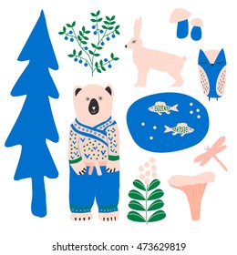 Forest animals and plants. Vector illustration.