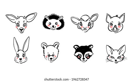 Forest Animals Portrait: Pig, Sheep, Hedgehog, Bear, Raccoon, Fox, Deer, Bunny. Black Line Sketch. Cartoon Cute Animal Head Illustration. Vector Hand Drawing Doodle Logo Style.