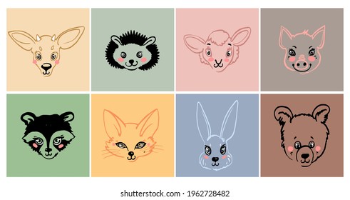 Forest animals portrait: pig, sheep, hedgehog, bear, raccoon, fox, deer, bunny. T-shirt print sketch. Cartoon cute animal head illustration. Vector hand drawing doodle logo style.