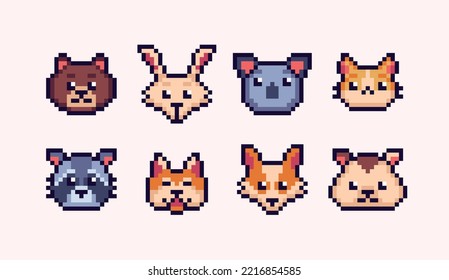 Conjunto de imágenes de píxeles de animales de bosque. Colección de la vista frontal de caracteres silvestres. Sprite de 8 bits. Desarrollo de juegos, aplicación móvil.  Ilustración vectorial aislada.