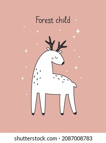 Forest animals. A poster with a cute deer. Vector illustration for nursery room decoration, T-shirt print, greeting card