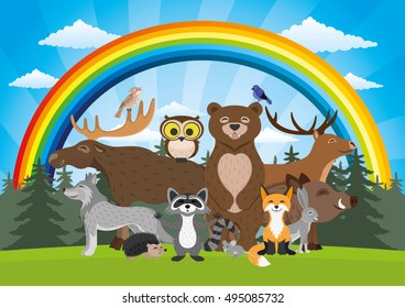 Forest animals and a rainbow in a blue sky.