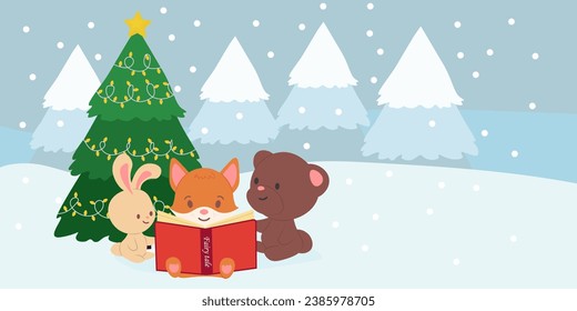 Forest animals read book about Christmas fairy tales. Vector illustration. cute Fox read book in the winter forest, bear and rabbit read fairy tales.