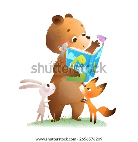 Forest animals reading a fairy tale storybook together. Big Teddy Bear reading a book to fox, bunny and mouse friends in forest. Cartoon vector characters illustration for kids and children education