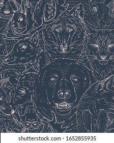 Forest animals realistic hand drawn vector seamless pattern. Dark blue ink sketchy woodland creatures background. Animalistic furry textured backdrop design.