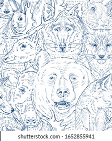 Forest animals realistic hand drawn vector seamless pattern. Classic blue ink sketchy woodland creatures background. Animalistic furry textured backdrop design.