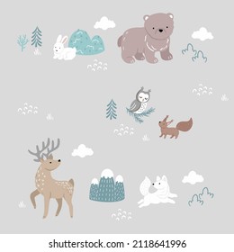Forest animals- reindeer, bear, fox, owl, hare, squirrel with trees and mountains. Seamless pattern with hand drawn vector illustrations