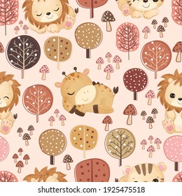 Forest and animals repeat pattern. Nursery art background. Children's fabric pattern design. Cute children decoration.