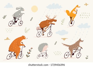 Forest animals riding bicycles in nature with rain, sun and grass, design for children . Bear, wolf, rabbit, moose, hedgehog and fox cycling, wild animals design for kids. Vector flat nursery art.