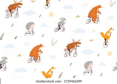 Forest animals riding bicycles seamless pattern kids background. Bear, wolf, rabbit, moose, hedgehog and fox cycling, traveling and racing wild animals design for kids. Vector flat nursery art.