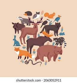 Forest animals round composition of wild flowers and grass icons with various animals and bird images vector illustration
