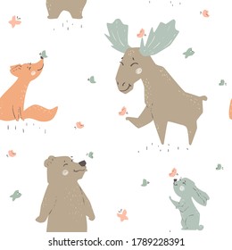 Forest animals seamleaa pattern. Cute wild fiends baby print. Sweet cool animal illustration for nursery, t-shirt, kids apparel, birthday card, invitation. Good for pajamas and playroom decor