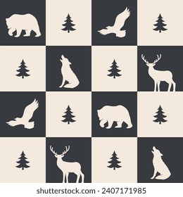 Forest animals seamless pattern. Bear, eagle, deer, and wolf illustrations. Outdoor checkered pattern.