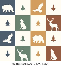 Forest animals seamless pattern. Bear, eagle, deer, and wolf illustrations. Outdoor seamless pattern.