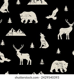 Forest animals seamless pattern. Bear, eagle, deer, and wolf illustrations. Outdoor seamless pattern.