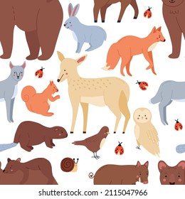 Forest animals seamless pattern with bears,fox,squirrel,hare,wolf,beaver,hog,deer.Woodland fauna collection. Flat cartoon vector wallpaper. 