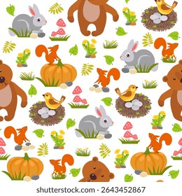 Forest animals seamless pattern. Cartoon bear and squirrel. Cute hare with pumpkin. Bird nest. Repeated baby print. Dandelion flower. Tree leaves. Mammals at meadow. Nature wildlife. Vector background
