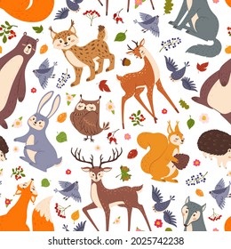 Forest animals seamless pattern, cute woodland animal. Flat cartoon fox, bear, rabbit, deer, hedgehog characters for children vector print. Wood fauna creatures for wallpaper, textile