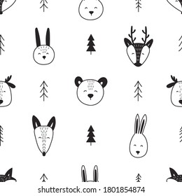Forest animals seamless pattern. Deer, Fox, bear, wolf and spruce on white.