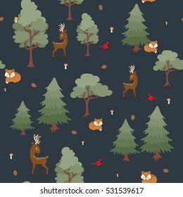 Forest animals seamless pattern. Deer, fox, cardinal bird. Night in the forest. Vector seamless wallpaper with clipping mask