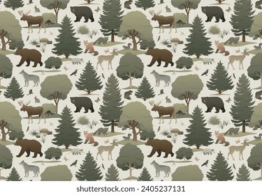 Forest animals seamless pattern. Earthy color palette illustration on light background. Wallpaper design for home decoration, fabric and print.