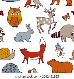 Forest animals seamless pattern. Fox, bear, raccoon, owl, rabbit, firebug, and hedgehog on white background.