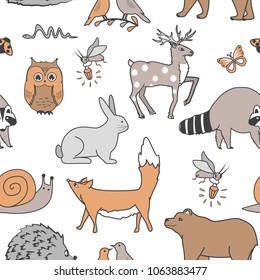 Forest animals seamless pattern. Fox, bear, raccoon, owl, rabbit, firebug, and hedgehog on white background.