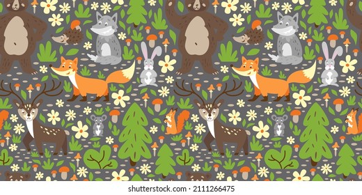 Forest animals. Seamless pattern with fox, deer, bear, squirrel, mouse, hedgehog, wolf. Kid's wallpaper