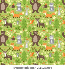 Forest animals. Seamless pattern with fox, deer, bear, squirrel, mouse, hedgehog, wolf on green background. Kid's wallpaper