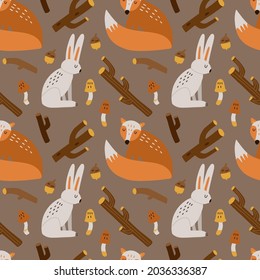 Forest animals seamless pattern. Hand drawn cartoon scandinavian fox and hare cute scandi illustration, kids clothers and nursery design. Decor textile, wrapping paper wallpaper, vector print