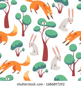 Forest animals seamless pattern. Vector seamless texture for kid's textile in scandinavian style. Foxes, heres, trees, bushes. Wild animals in forest pattern. Wallpaper, wrapping paper, print, textile