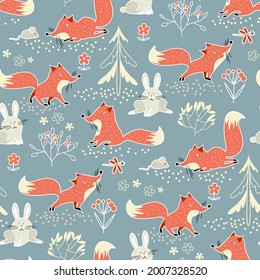 Forest Animals Seamless Pattern. Vector Illustration.	