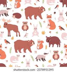 Forest animals seamless pattern. Woodland birds and plants. Woods inhabitants. Vector illustration in flat style
