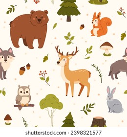 Forest animals seamless pattern. Woodland deer, hare and bear, wolf and owl, squirrel and mushrooms, acorns and green leaves, trees. Vector texture for kids wallpaper. Cheerful wild characters