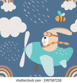 Forest animals seamless repeat kids pattern. Wallpaper design for nursery room. Cute bunny pilot on airplane vector illustration.