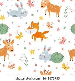 Forest animals seamless vector pattern for kids. Cute smiling baby animals. Woodland. Hand Drawn cartoon baby characters: deer, bunny, fox, flowers, butterfly. Childish background. Fabric print.