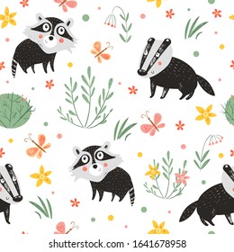 Forest animals seamless vector pattern for kids. Cute smiling baby animals. Woodland. Hand Drawn cartoon baby characters: raccoon, badger, flowers, butterfly. Childish background. Endless wallpaper.