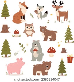 Forest animals . set of forest animals. background with forest animals deer, bears, owl, fox