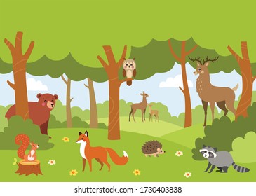 Forest animals set in forest background. Wild animals with nature background vector illustration. - Shutterstock ID 1730403838