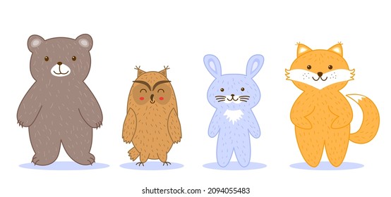 Forest animals set. Bear, fox, brown owl and rabbit. Christmas New Year characters with shadows. Fluffy fur cartoon friends for greeting cards and household products. Vector illustration