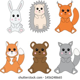 Forest animals set in a cartoon style. Kawaii drawing. Vector illustration.