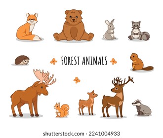 Forest animals set. Collection of graphic elements for site. Educational materials for children, biology and zoology, wildlife and fauna. Cartoon flat vector illustrations isolated on white background