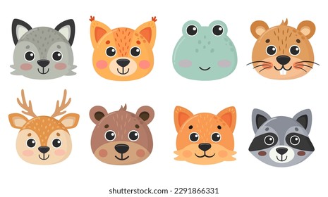 Forest animals set. Cute faces. Cute animal portraits. Hand drawn characters. Vector illustration.