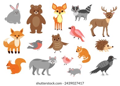 Forest animals set. Cute little woodland wild animals and birds. 