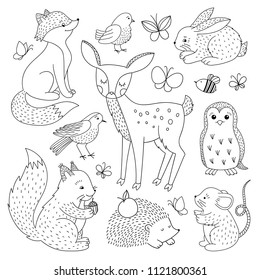 Forest animals set. Cute wild animals outline hand drawn illustration