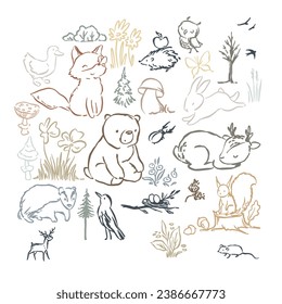 Animales forestales, un conjunto de ilustraciones dibujadas a mano en el contorno del doodle